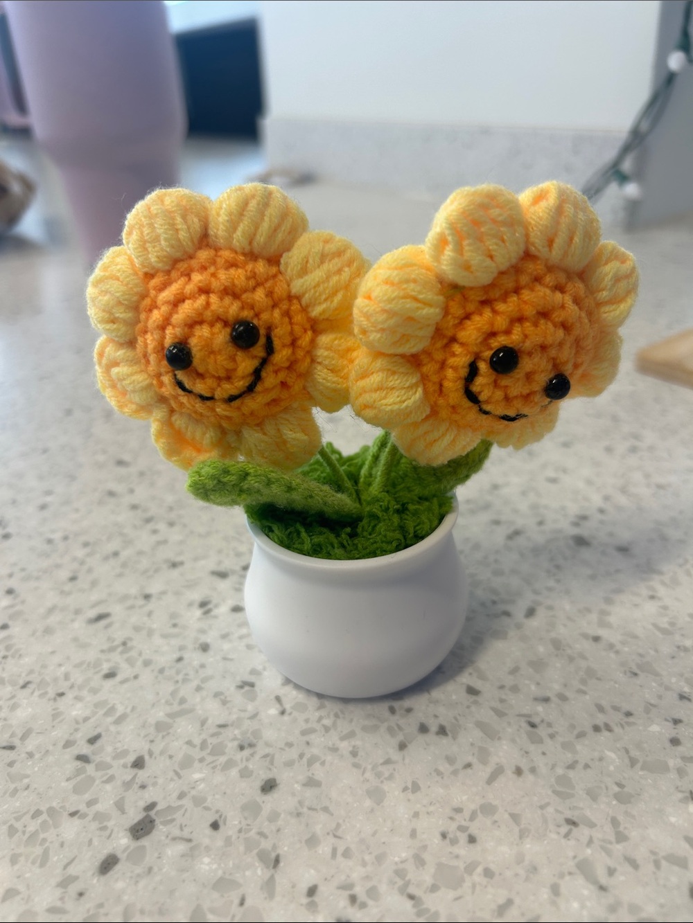Handmade Yellow Crochet Smiling Sunflower Duo in White Pot
